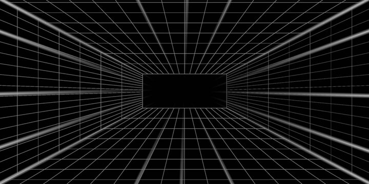 Futuristic perspective grid box. Abstract wireframe with white grid line on black background. Virtual reality landscape in 80s 90s digital style. Vector