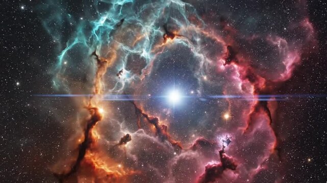 Deep space nebula with glowing supernova star and cinematic light flare