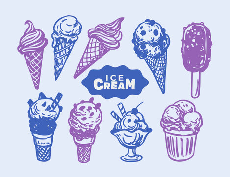 Ice cream set, one color  illustrations, hand-drawn vector