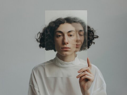 Woman's face split by glass, showing two expressions and inner thoughts