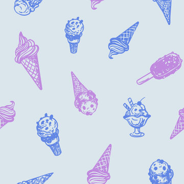 Ice cream set,  seamless pattern, hand-drawn vector