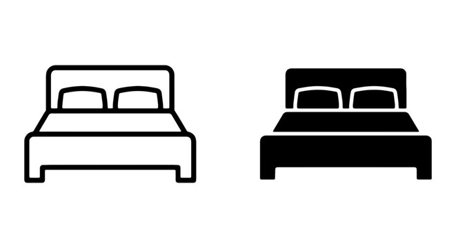 Black and white line art illustrations of two beds with headboards and pillows