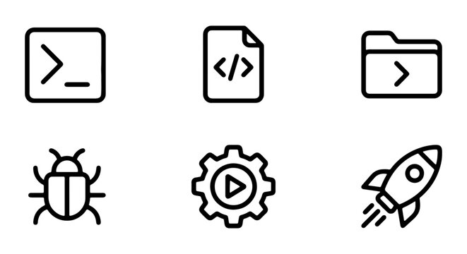 Black and white line icons of coding and software development symbols