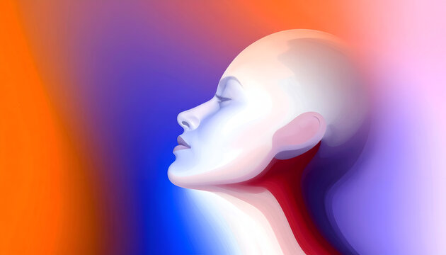 Abstract Portrait of a Serene Womans Head with Vibrant Color Gradient Background.