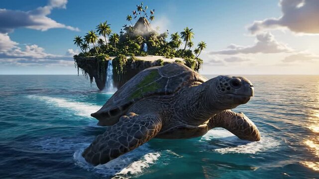 Large Sea Turtle Swimming in Ocean with Tropical Island