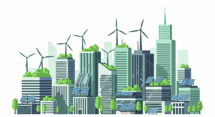 Fototapeta premium Sustainable Green City Illustration with Wind Turbines, Solar Panels, and Eco-Friendly Skyscrapers for Renewable Energy and Urban Sustainability Concepts