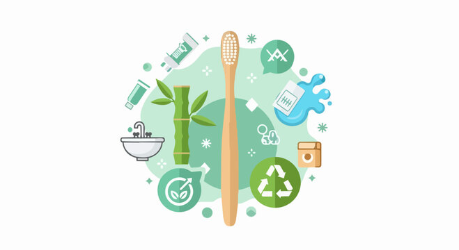 Eco-friendly bamboo toothbrush and sustainable oral care concept illustration with recycling and zero waste icons on white background