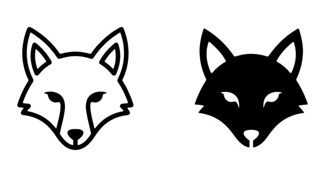 Black and white fox head icons in solid and line art styles