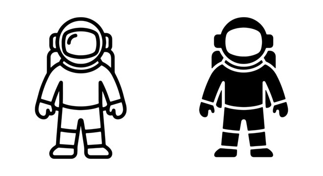 Two astronauts in space suits standing side by side in black and white