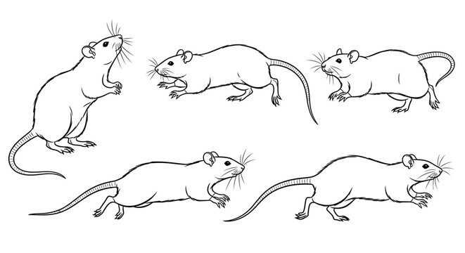 Rat set, hand drawn line art collection of rodents