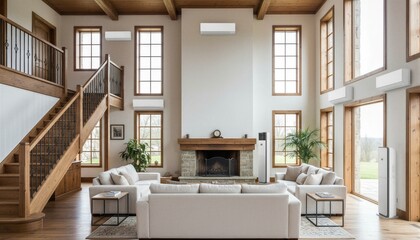 Obraz premium Modern air conditioning units installed in a luxury living room. Climate control system for home heating and cooling. Comfortable interior with residential HVAC equipment setup.