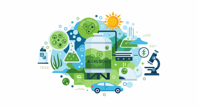 Algae Biofuel Production Process Illustration with Bioreactor, Lab Equipment, and Renewable Energy Icons for Sustainable Green Technology Concepts