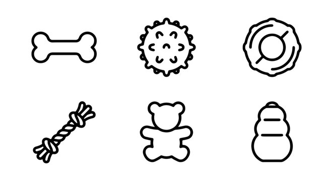 Collection of dog toys and treats in simple line art style