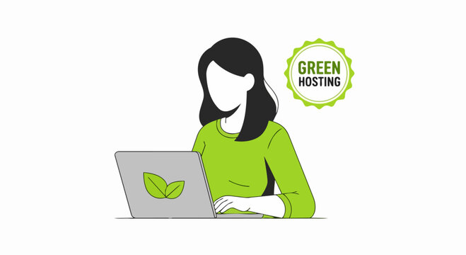 Sustainable Tech and Green Hosting Concept: Minimalist Illustration of a Woman Working on an Eco-Friendly Laptop with Badge