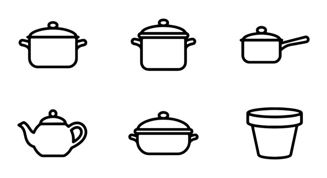Collection of kitchen cookware icons including pots, pan and teapot in simple line art style