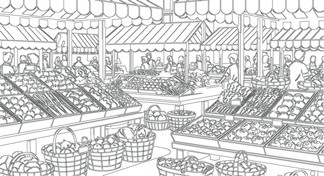 Bustling Farmer's Market with Stalls and People Line Art