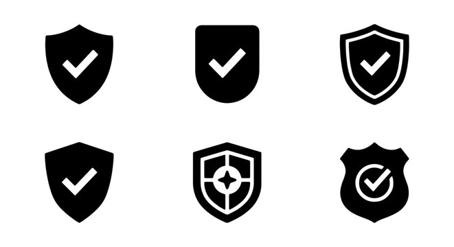 Collection of various shield icons with checkmarks on for security and protection concepts