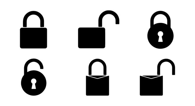 Collection of various black padlock icons in different states and orientations