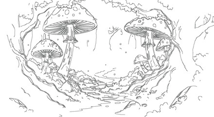 Fantasy Woods Landscape with Mystical Botanical Vector Sketch © Josnara