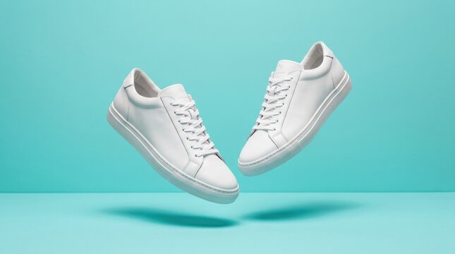 A pair of white sneakers floating against a turquoise background, showcasing a minimalist and modern design.