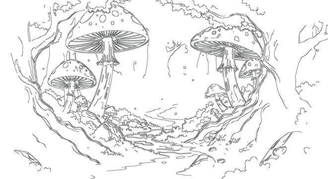 Fantasy Woods Landscape with Mystical Botanical Vector Sketch