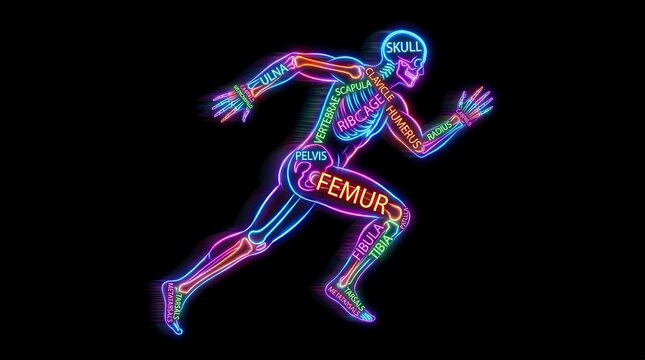 Neon human skeletal system athlete running with labeled bone diagram