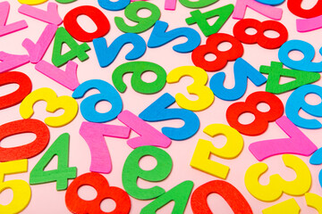 Fototapeta premium Background of numbers. Number wood block cubes for learning Mathematic, education math concept. childhood education. numbers kids. Numbers texture. Finance data concept. pattern with numbers. 