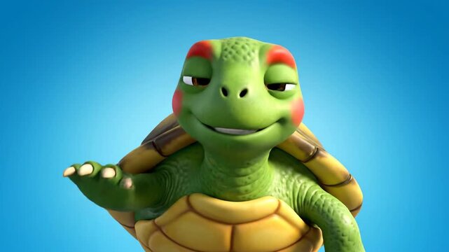 Cute cartoon turtle character waving hello on a blue background.