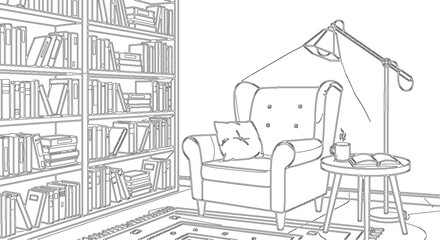 Fototapeta premium Cozy Reading Corner with Armchair and Books Line Art