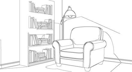 Fototapeta premium Comfortable Home Interior Study Room Vector Sketch