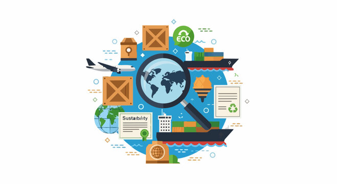 Global Sustainable Supply Chain and Green Logistics Concept Illustration Featuring Cargo Ships, Airplane, International Trade, and Eco-Friendly Business Symbols
