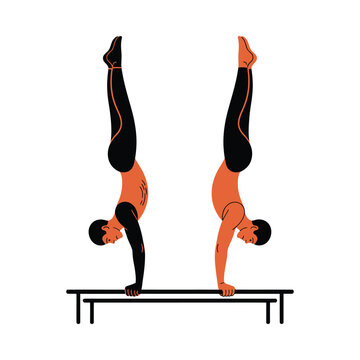 Gymnasts performing handstands on parallel bars flat vector illustration on white background