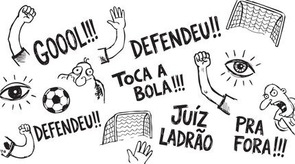 Naklejka premium A creative collection of hand-drawn vector doodles featuring soccer elements like balls, goalposts, cheering fans, and expressive faces. Includes common Brazilian Portuguese
