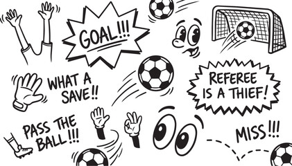 Naklejka premium Creative black and white hand-drawn vector doodles featuring soccer balls, goalposts, expressive character faces, and gesturing hands.