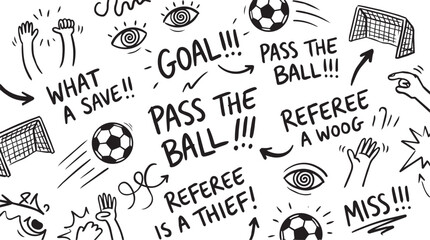 Creative collection of hand-drawn vector doodles featuring soccer elements like balls, goalposts, and cheering hands. Includes common stadium quotes and fan reactions in English © Pedro Fiuza
