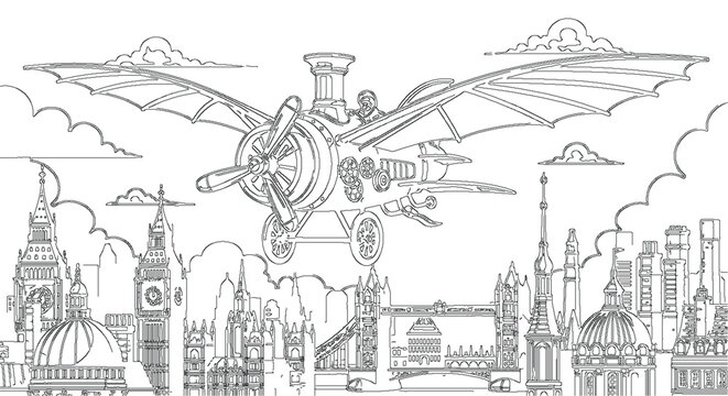 Retro Futuristic Airship Vehicle Concept Vector Sketch