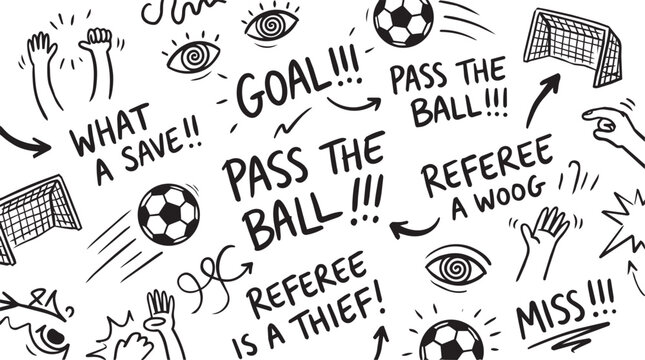 Creative collection of hand-drawn vector doodles featuring soccer elements like balls, goalposts, and cheering hands. Includes common stadium quotes and fan reactions in English