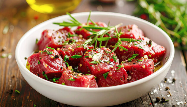 Flank steak marinating in a bowl with herbs, olive oil, and garlic, closeup. AI