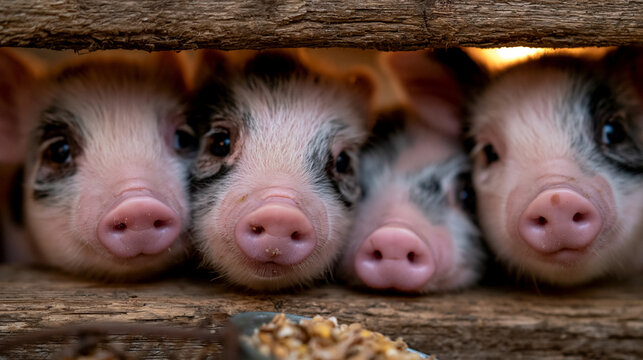 Rescued piglets huddle beneath a heat lamp in a sanctuary nursery, pink snouts pressing against worn wooden slats, a caretaker's weathered hands offering grain from a tin pail, ideal for farm welfar