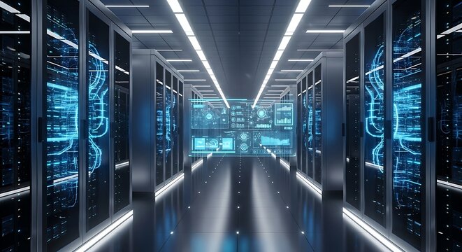 Futuristic server room with glowing blue data visualizations and rows of blinking servers