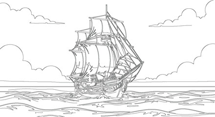 Historic Wooden Sailing Ship on Ocean Waves Line Art © Josnara