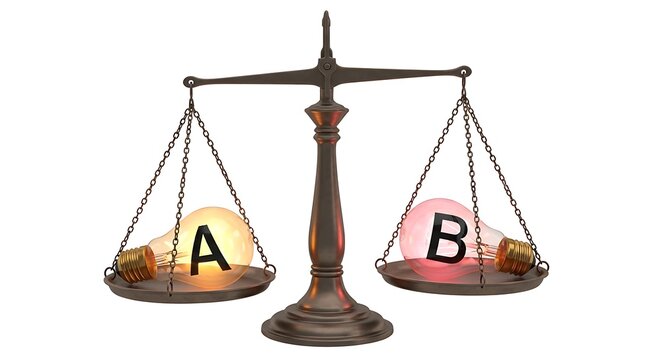 Balanced scale with letters a and b on pans