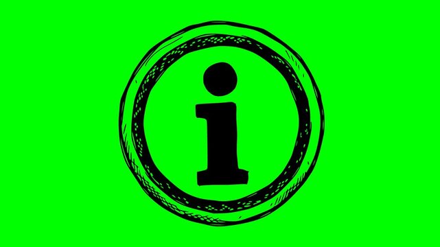 hand drawn information symbol animation with black fill and cross hatching. Professional sketch style on chroma key green background for easy video editing and overlay