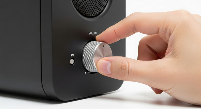 Close-up of a human hand adjusting the volume dial on a black speaker device, focusing on audio control and sound level.