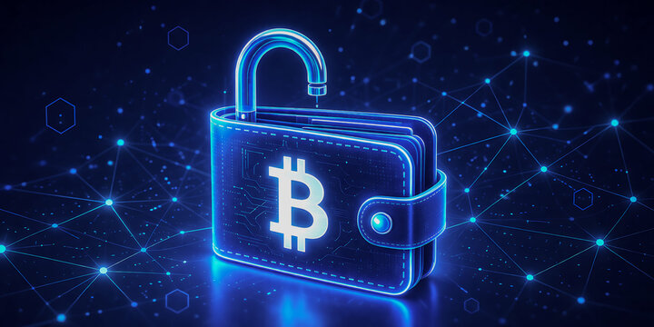 Crypto wallet icon with bitcoin symbol and unlocked padlock on digital background.