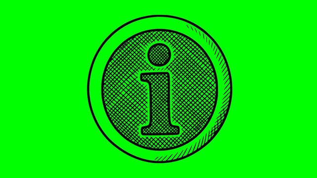 hand drawn information symbol animation with black fill and cross hatching. Professional sketch style on chroma key green background for easy video editing and overlay