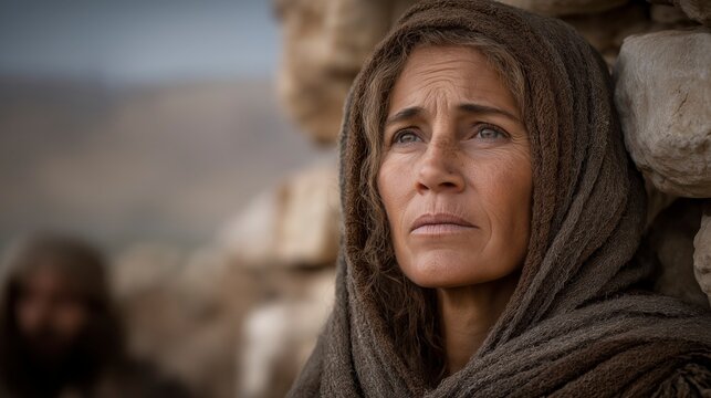 Biblical story, In Moab Naomi stands aged by grief, her dark widow garments and lined face revealing loss as Ruth and Orpah remain beside her in sorrow before a life-defining parting.
