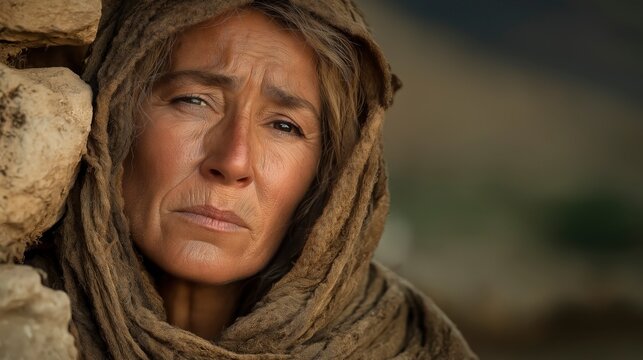 Biblical story, In Moab Naomi stands aged by grief, her dark widow garments and lined face revealing loss as Ruth and Orpah remain beside her in sorrow before a life-defining parting.
