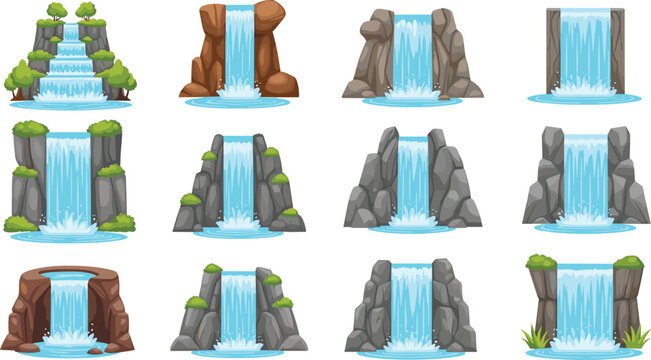 Waterfall Icon Set with Various Rock and Nature Styles, Cascading Water, Streams, Pools, and Scenic Flow Illustrations for Landscape, Nature, Outdoor, and Digital Designs.