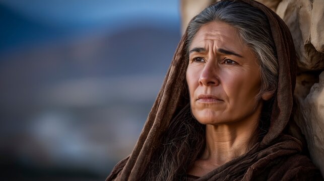 Biblical story, In Moab Naomi stands aged by grief, her dark widow garments and lined face revealing loss as Ruth and Orpah remain beside her in sorrow before a life-defining parting.

